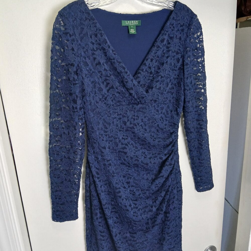 Navy Blue Lace Long Sleeve Figure Flattering Ruched Faux Wrap Midi  Dress Sz 4